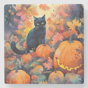 Halloween Black Cat With Pumpkins Scary Stone Coaster