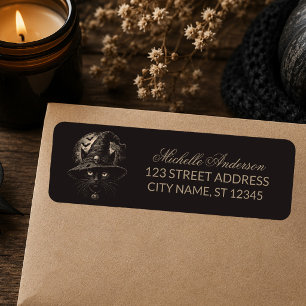 Halloween Black Cat with Witch Hat Return Address