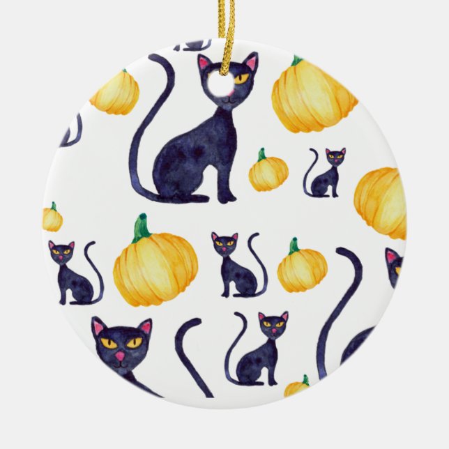 Halloween Black Cats And Orange Pumpkin Design Ceramic Tree Decoration (Front)