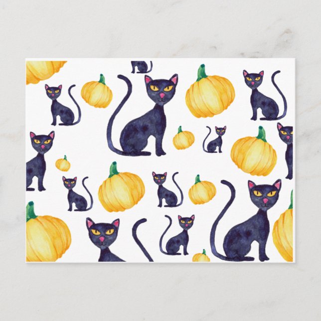 Halloween Black Cats And Orange Pumpkins Design Postcard (Front)