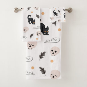 Halloween Black Cats and Skulls Bath Towel Set
