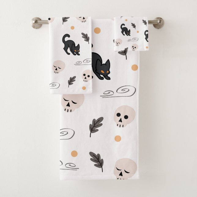 Halloween Black Cats and Skulls Bath Towel Set (Insitu)