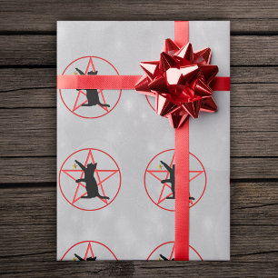Halloween Black Cats Gold Stars on Pentagrams Grey Wrapping Paper