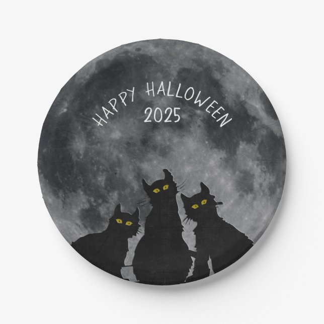 Halloween black cats on full moon paper plate (Front)