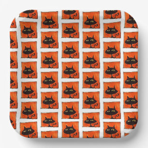 Halloween Black Cats Orange Squares Cartoon Paper Plate