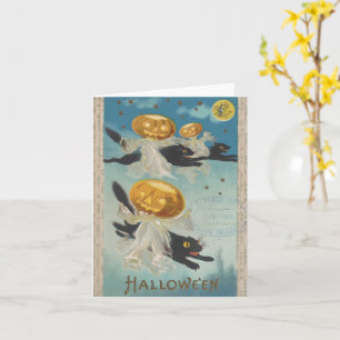 Halloween Black Cats & Pumpkin Ghosts Vintage Card