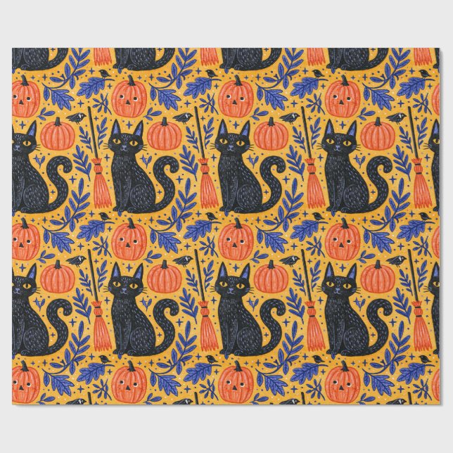 Halloween Black Cats Pumpkin Pattern  Wrapping Paper (Flat)