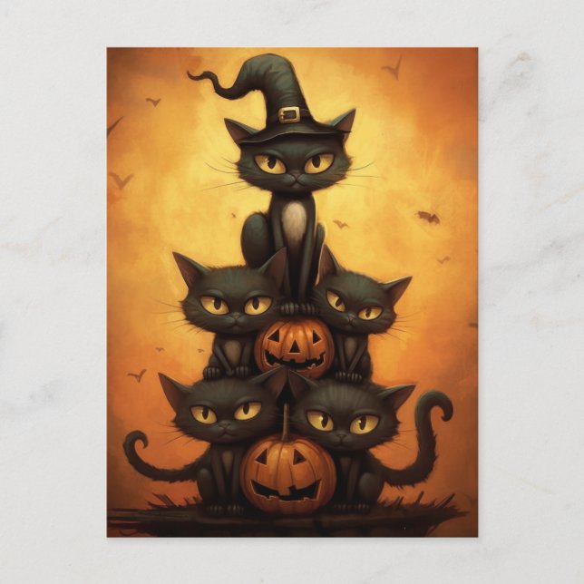 Halloween Black Cats Sitting on Pumpkins. Postcard (Front)