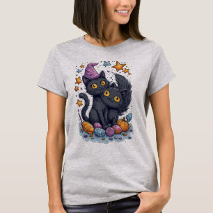HALLOWEEN Black Cats with Candy and Stars T-Shirt