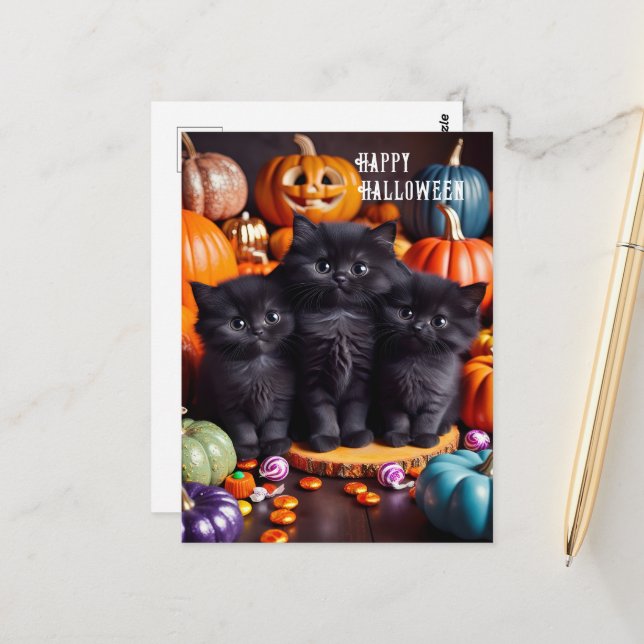 Halloween Black Cats with Pumpkins and Candy Postcard (Front/Back In Situ)