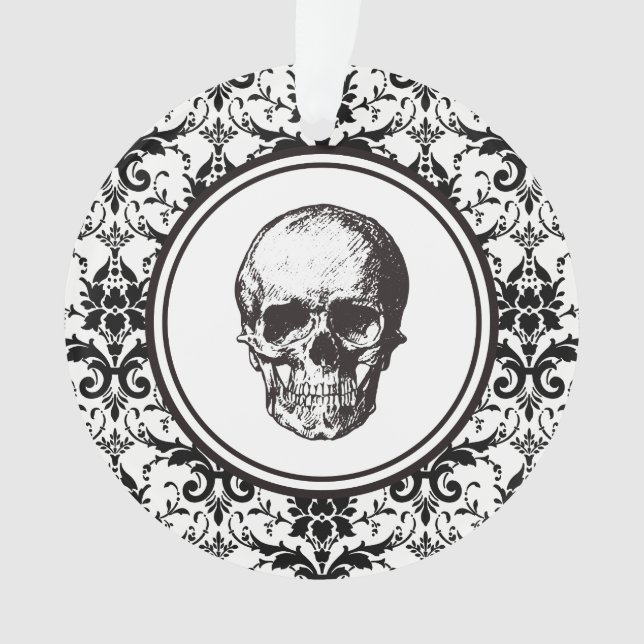 HALLOWEEN Black Damask Pattern Skull Personalised Ornament (Front)
