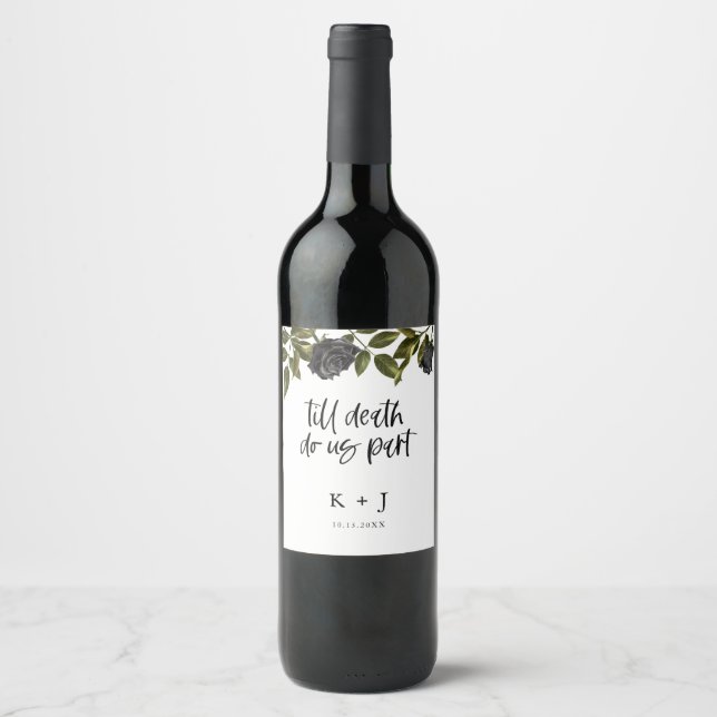Halloween Black Flowers Wedding White Wine Label (Front)
