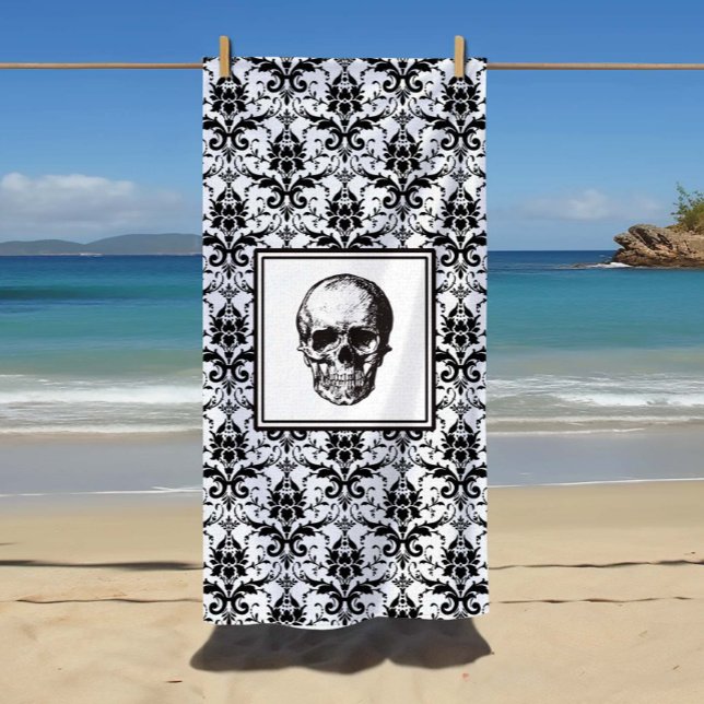 HALLOWEEN Black Gothic Damask Pattern Skull Beach Towel (Elegant Black And White Gothic Damask Skull Beach Towel)
