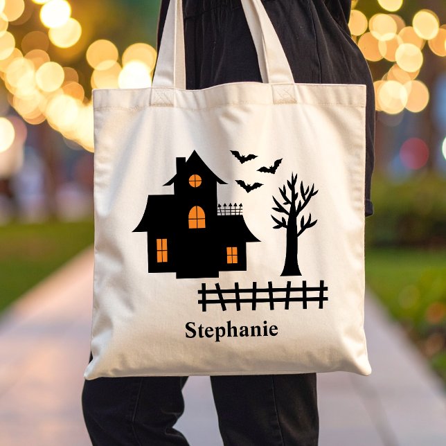 Halloween Black Haunted House Silhouette And Name Tote Bag (Disclaimer: This image is a digital mockup.)