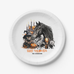 Halloween black Horse black Cat spooky Paper Plate