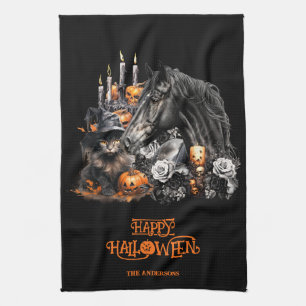 Halloween black Horse black Cat spooky Tea Towel