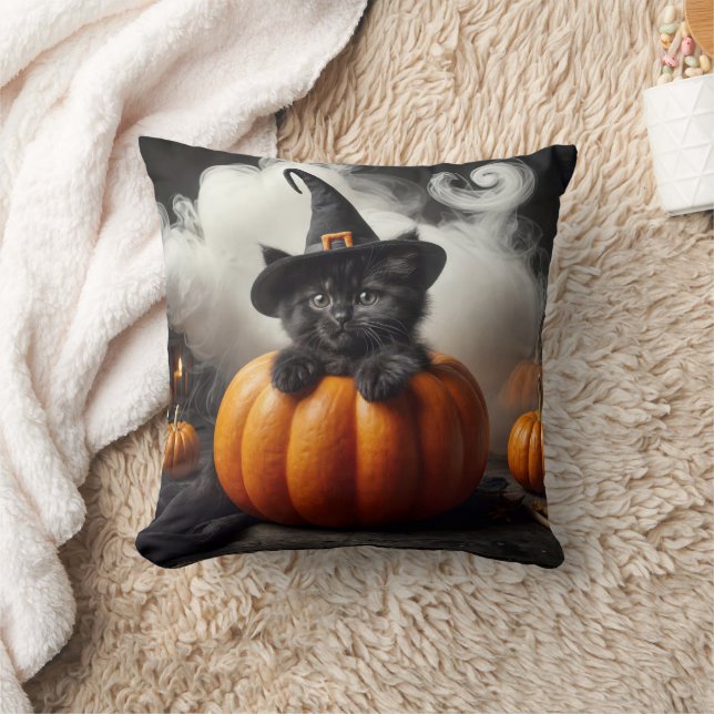 Halloween Black Kitten In Pumpkin Cushion (Blanket)