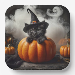 Halloween Black Kitten In Pumpkin Paper Plate