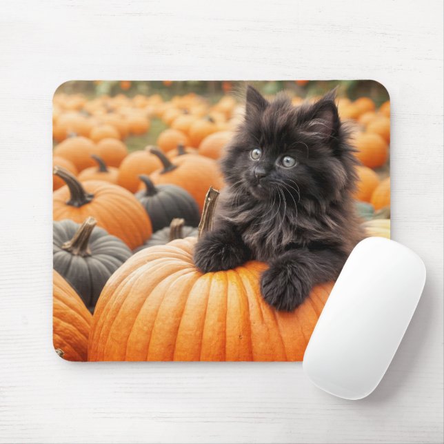 Halloween Black Kitten On a Pumpkin Mouse Pad (With Mouse)