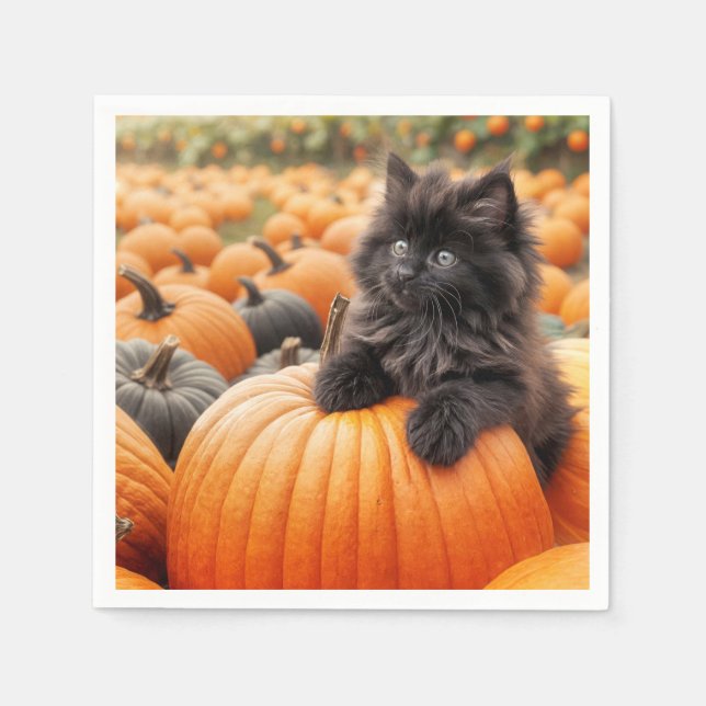 Halloween Black Kitten On a Pumpkin Napkin (Front)