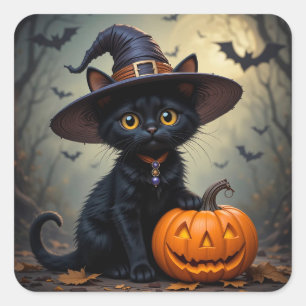 Halloween Black Kitten Pumpkin Witch Hat Cute Deco Square Sticker