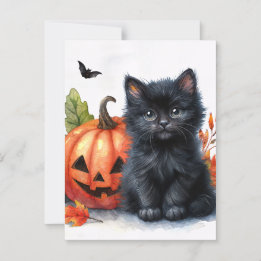Halloween Black Kitten with Jack-o-lantern Postcard