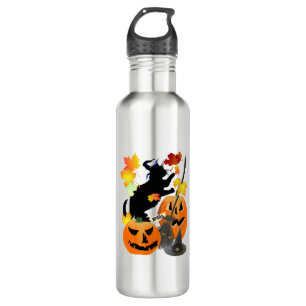 Halloween Black Kitty Batting Pretty Leaves 710 Ml Water Bottle