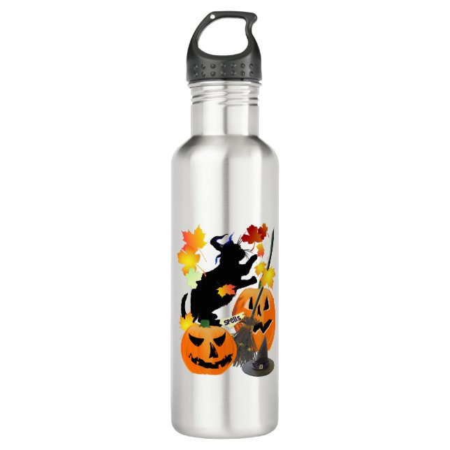 Halloween Black Kitty Batting Pretty Leaves 710 Ml Water Bottle (Front)