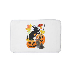 Halloween Black Kitty Batting Pretty Leaves Bath Mat