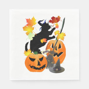 Halloween Black Kitty Batting Pretty Leaves Napkin