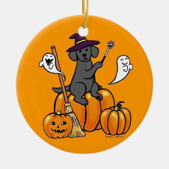 Halloween Black Labrador Cartoon 2 Ceramic Tree Decoration (Front)