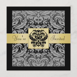 Halloween Black Mask Damask Gold Ribbon Invitation