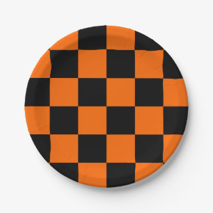 Halloween Black Orange Checkered Paper Plate