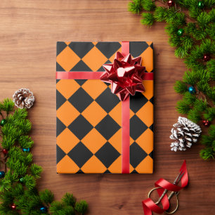 Halloween Black Orange Checks Birthday Custom Text Wrapping Paper