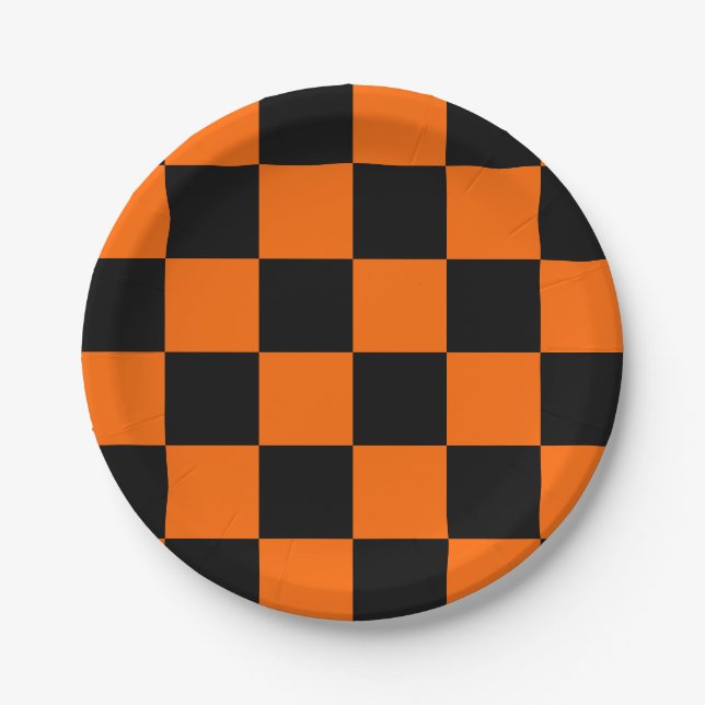 Halloween Black Orange Chequered Paper Plate (Front)