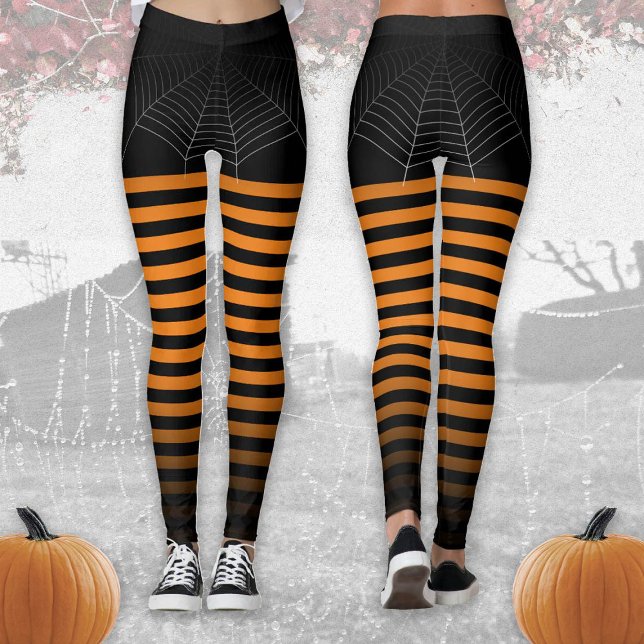 Halloween Black orange spider web stripes ombre Leggings (Creator Uploaded)
