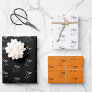 Halloween black orange white black boo ghost wrapping paper sheet