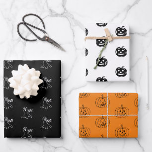 Halloween black orange white ghost jack o lantern wrapping paper sheet