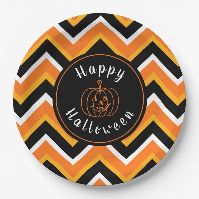 Halloween Black Orange White Zigzags Paper Plate (Front)