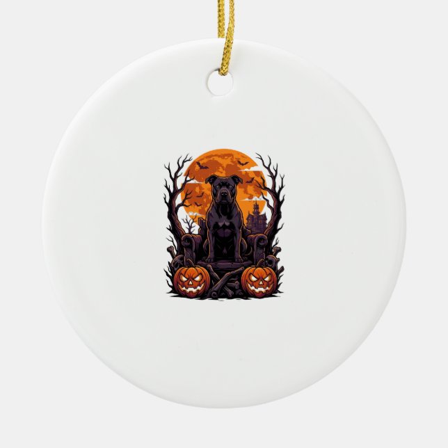 Halloween Black Pitbull Throne Pumpkins Full Moon_ Ceramic Tree Decoration (Front)