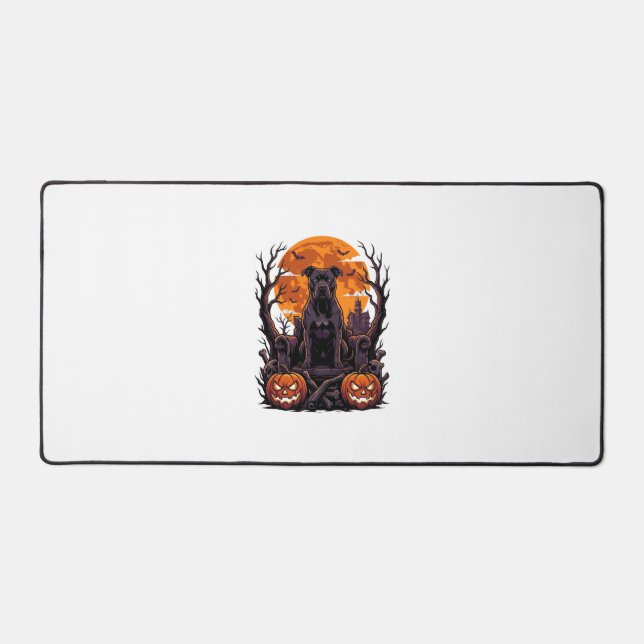 Halloween Black Pitbull Throne Pumpkins Full Moon_ Desk Mat (Front)