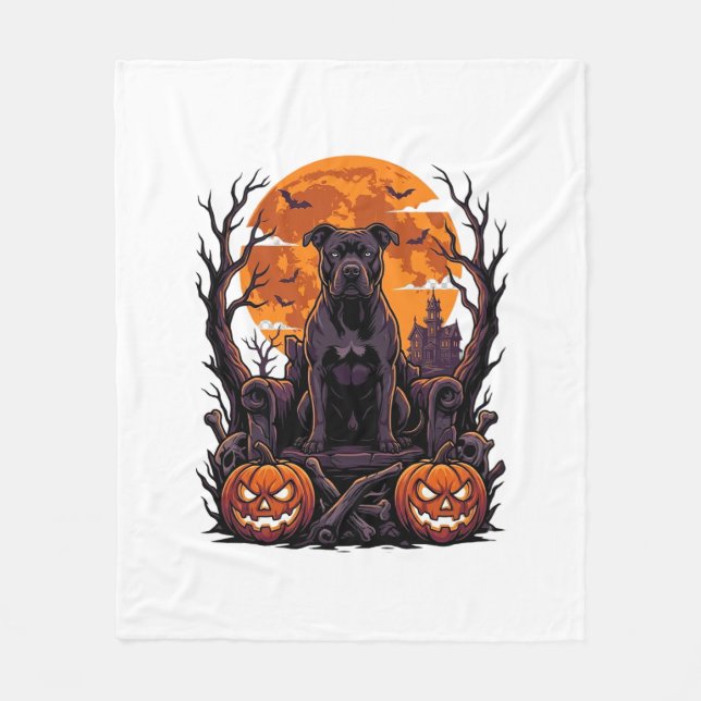 Halloween Black Pitbull Throne Pumpkins Full Moon_ Fleece Blanket (Front)