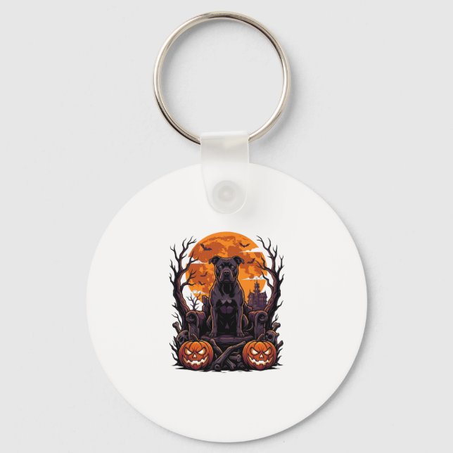 Halloween Black Pitbull Throne Pumpkins Full Moon_ Key Ring (Front)