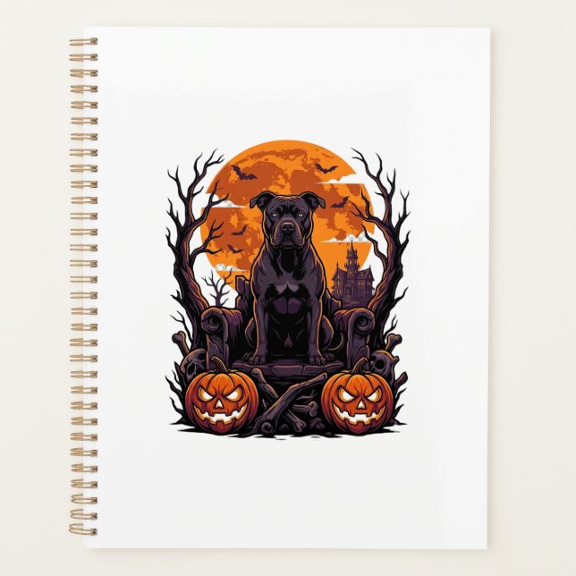Halloween Black Pitbull Throne Pumpkins Full Moon_ Planner (Front)