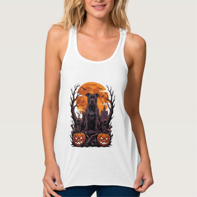 Halloween Black Pitbull Throne Pumpkins Full Moon_ Singlet (Front)