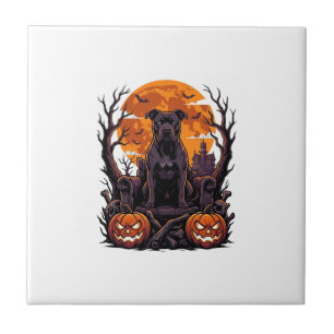 Halloween Black Pitbull Throne Pumpkins Full Moon_ Tile