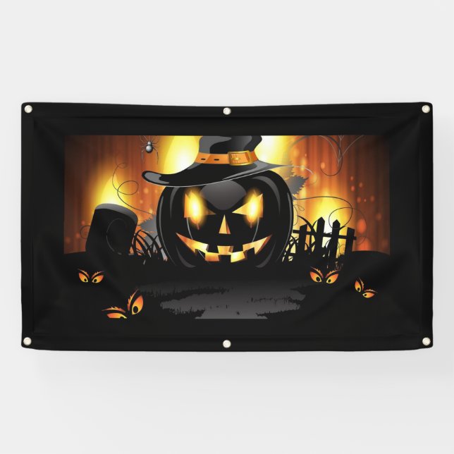Halloween Black Pumpkin with Witches Hat Banner (Horizontal)
