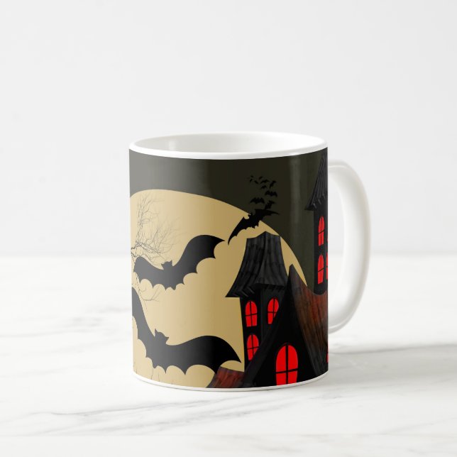 Halloween Black Red Haunted House Bat Full Moon Coffee Mug (Front Right)