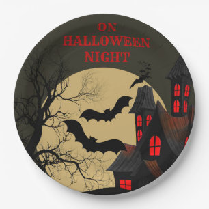Halloween Black Red Haunted House Bat Full Moon Paper Plate