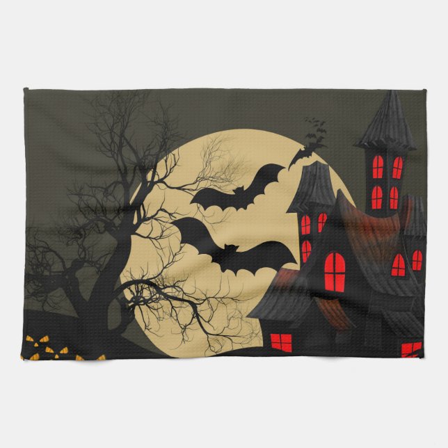 Halloween Black Red Haunted House Bat Full Moon Tea Towel (Horizontal)